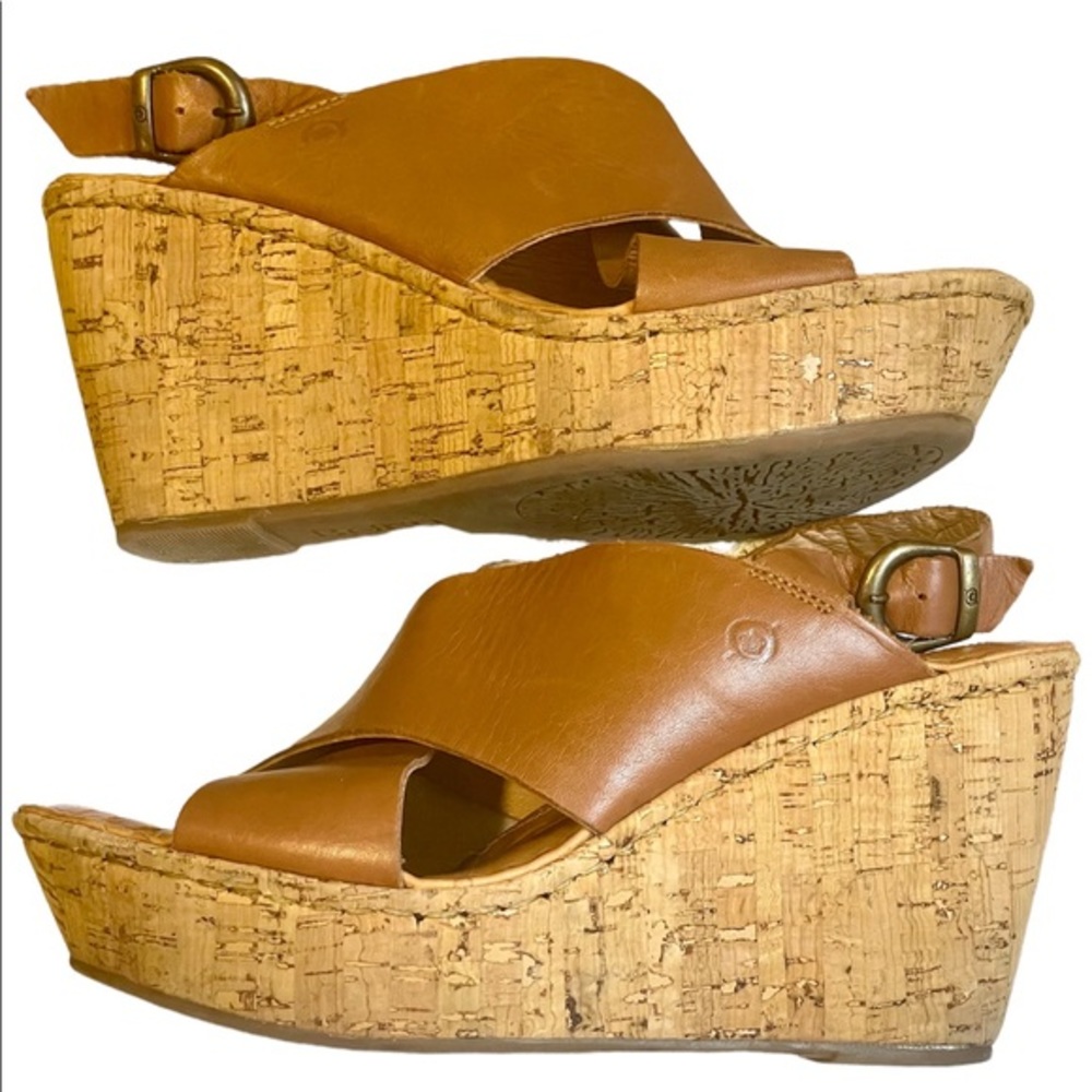Born Platform Cork Wedge Slingback Sandals in Brown Leather Size 8